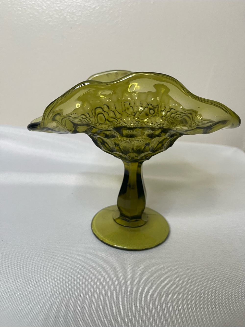Green Pressed Glass Thumbprint Pedestal Compote Bowl Scalloped Rim Oval 9.5 in